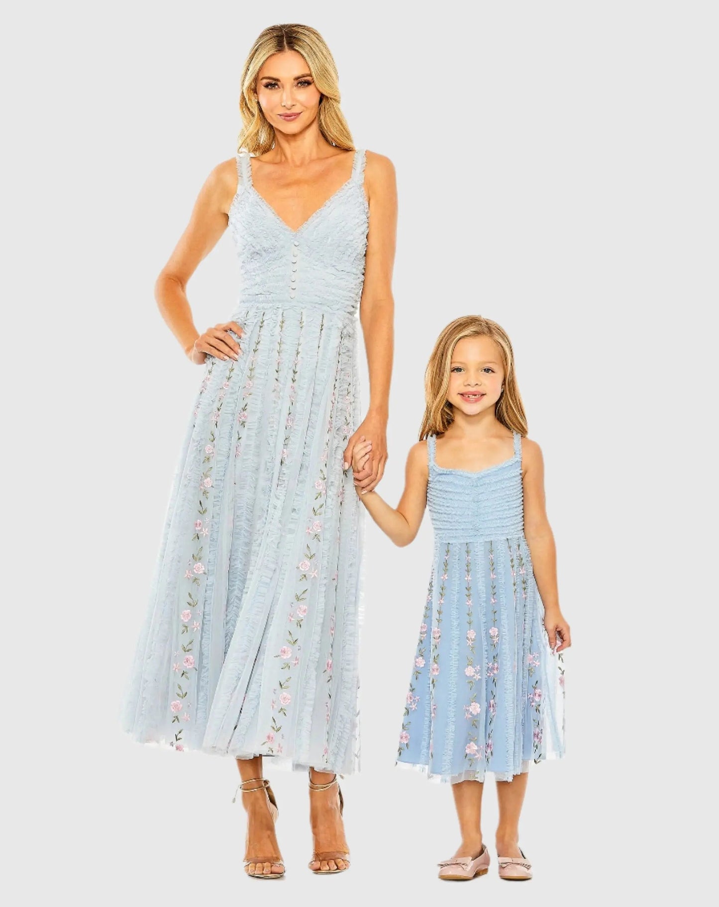 Girls Light Blue Ruffle Floral Embroidered Detail Midi Dress
