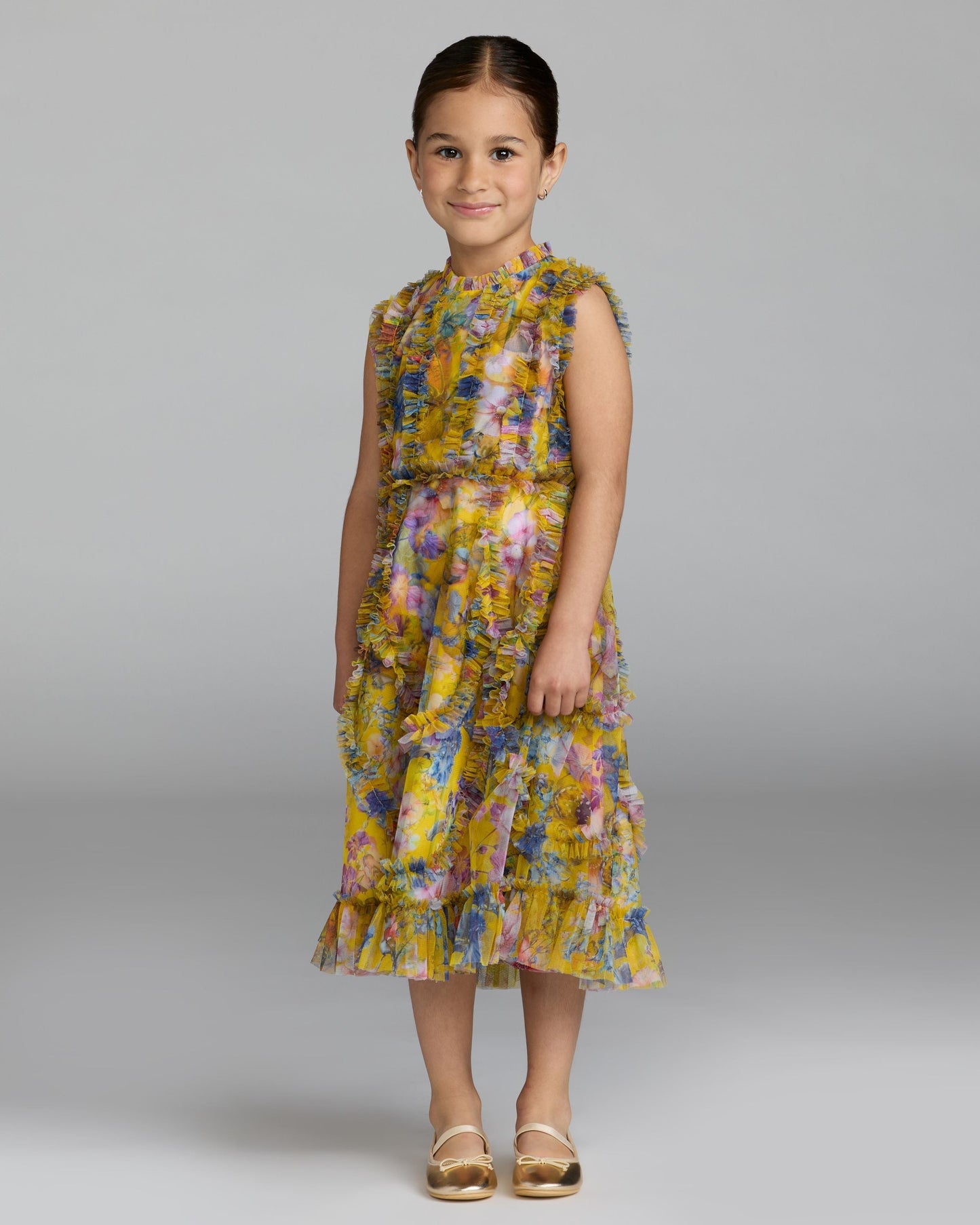 Girls Floral High Neck Ruffle Dress