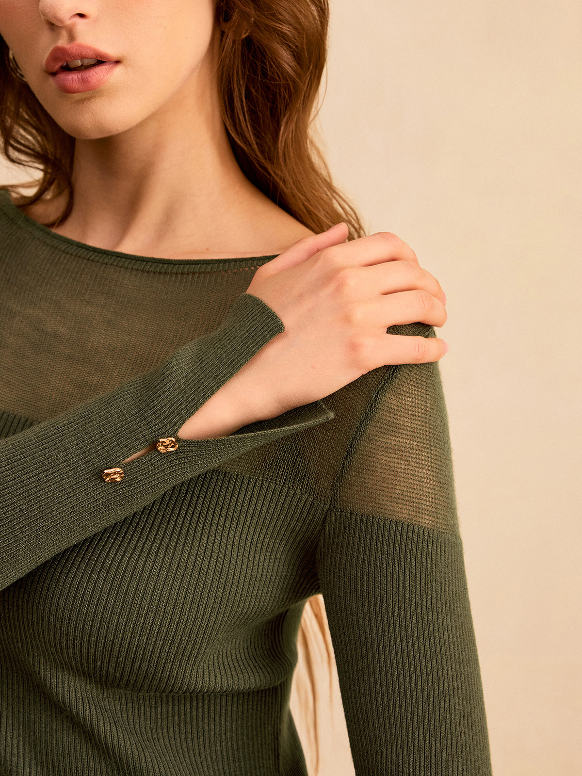 Sheer-Paneled Boat Neck Knit Top