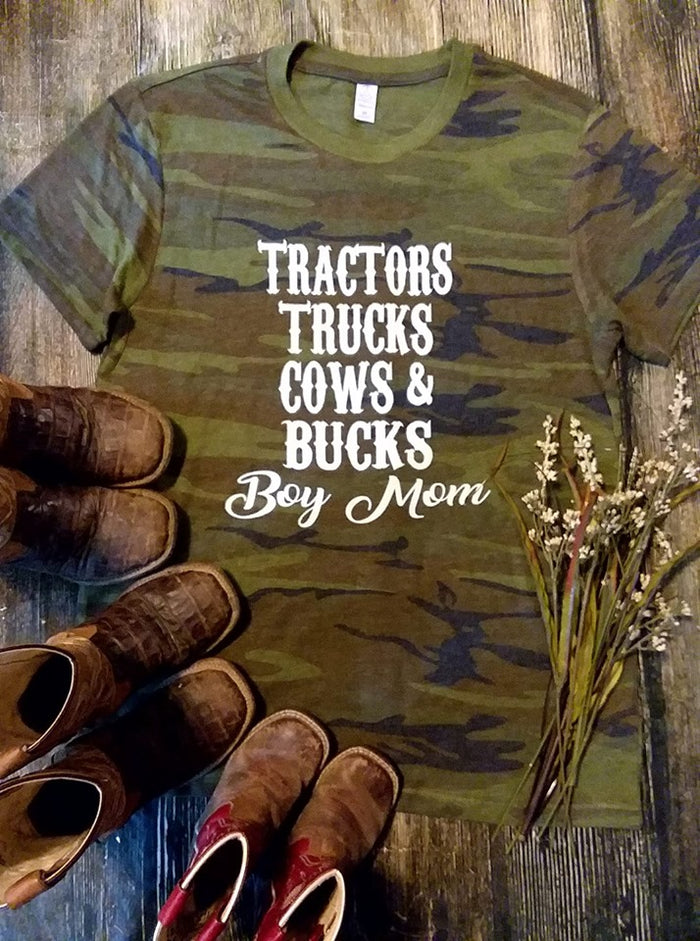 Camo Tractors Trucks C o w s & Bucks Boy Mom Tee