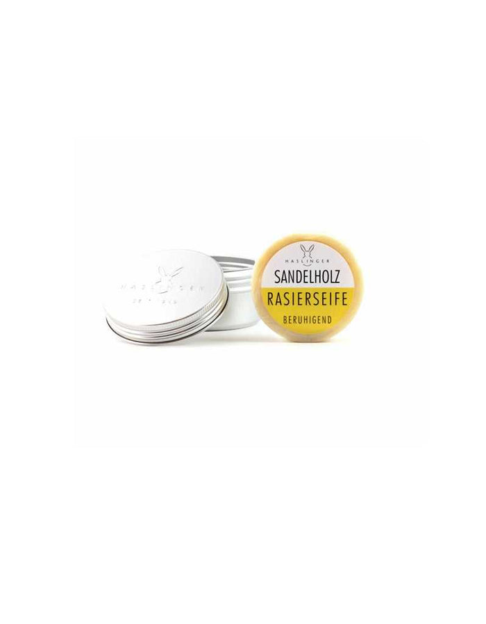 Sandalwood shaving soap in aluminum tin for personal grooming