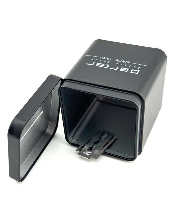 Black Parker safety razor blade disposal case with removable lid