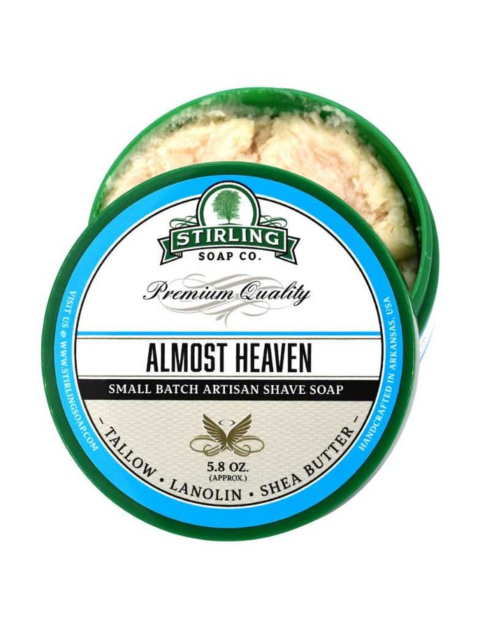 Almost Heaven Shaving Soap in round container with green lid