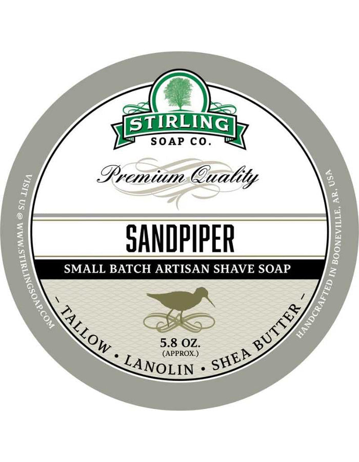 Stirling Sandpiper shave soap label with bird illustration and natural ingredients