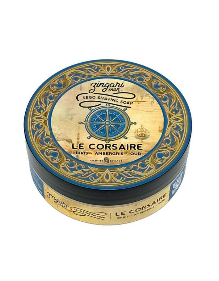 Zingari Man Le Corsaire Sego Shave Soap 5 oz tin with ornate gold and blue design, nautical theme