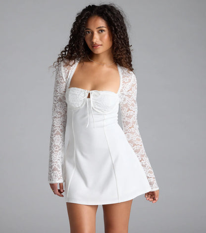 Flirty Factor Lace Long Sleeve Crepe Mini Dress