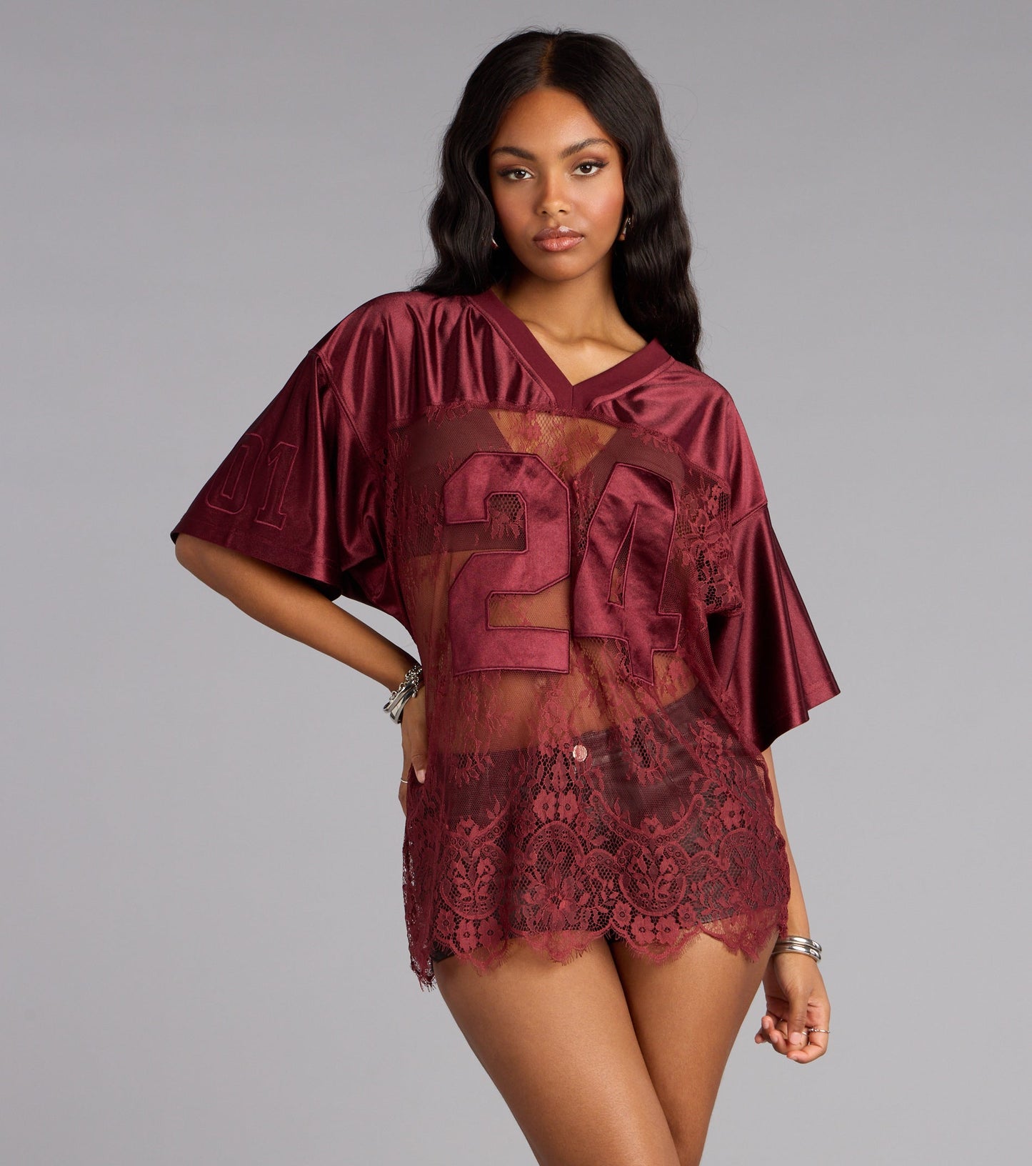 Sporty Chic Lace V-Neck 24 Graphic Jersey Top