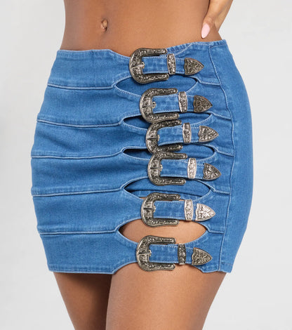 Buckle Down High-Rise Denim Skort