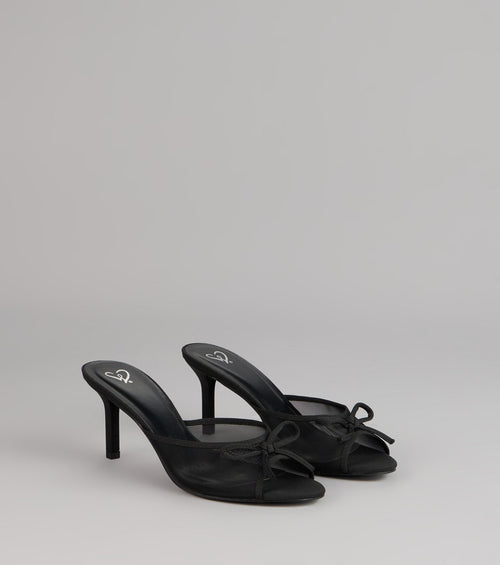 Polished Sweet Bow Detail Mesh Mule Heels