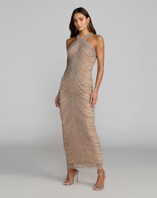 Beige Halter Neck Embellished Maxi Dress