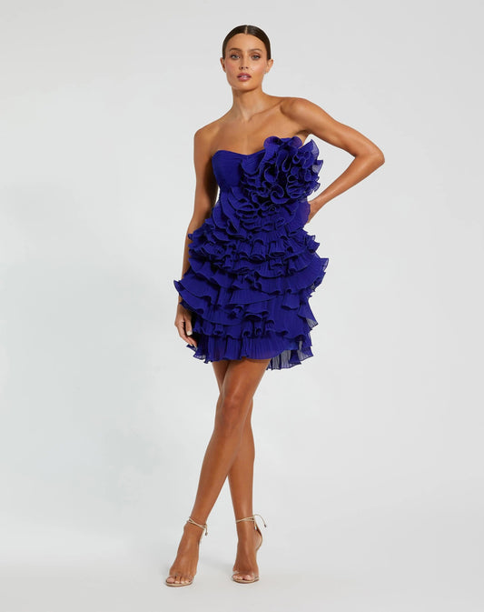 Blue Strapless Ruffle Mini Dress