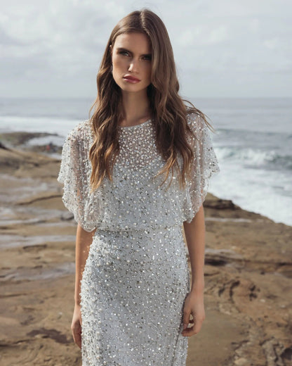 Blue High Neck Short Sleeve Embellished Gown