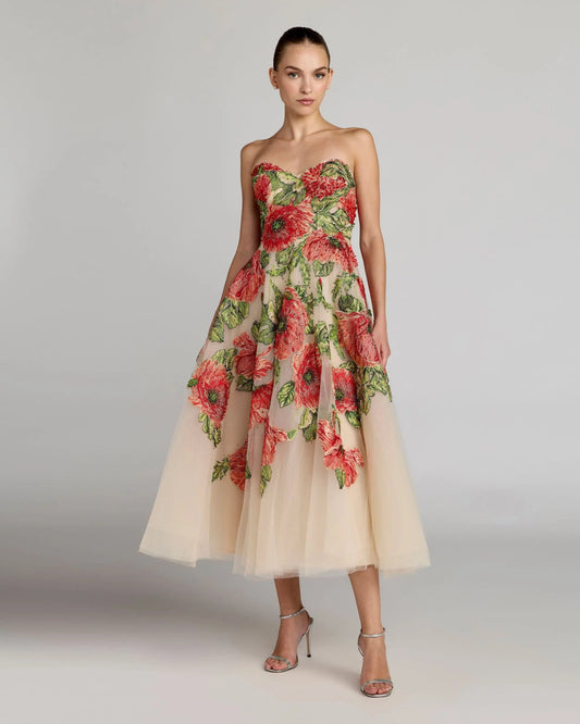 Beige Strapless Floral Embroidered Midi Dress