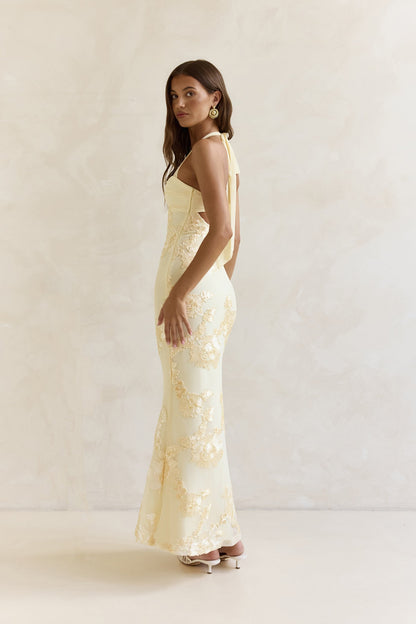 Skybloom Mesh Halter Maxi Dress Yellow