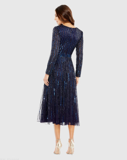 Navy Long Sleeve Tea Length Dress