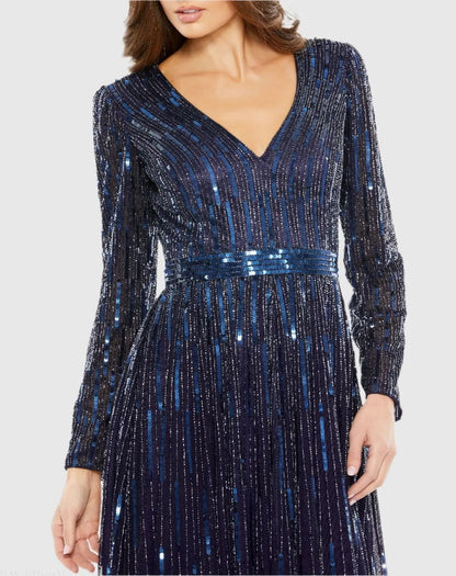 Navy Long Sleeve Tea Length Dress