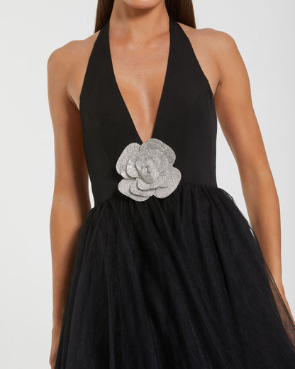 Black Halter Neck Ball Gown with Rhinestone Flower
