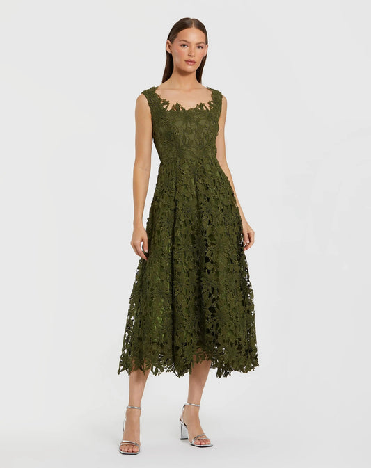 Olive Sleeveless Embroidered Lace A-Line Midi Dress