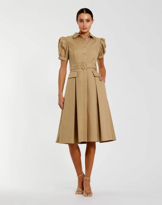 Beige Puff Sleeve Belted Midi Shirt Dress
