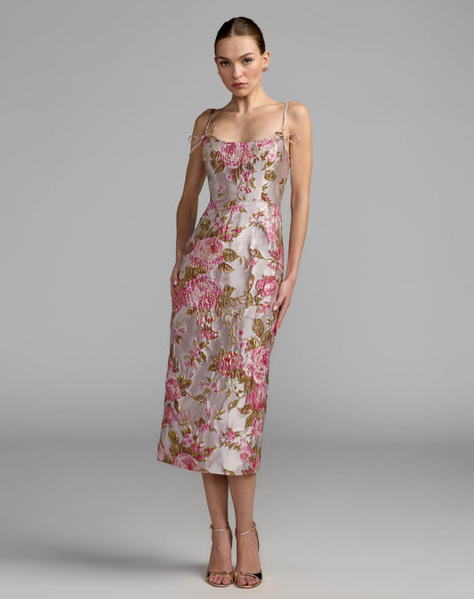 Floral Brocade Bow Strap Midi Dress
