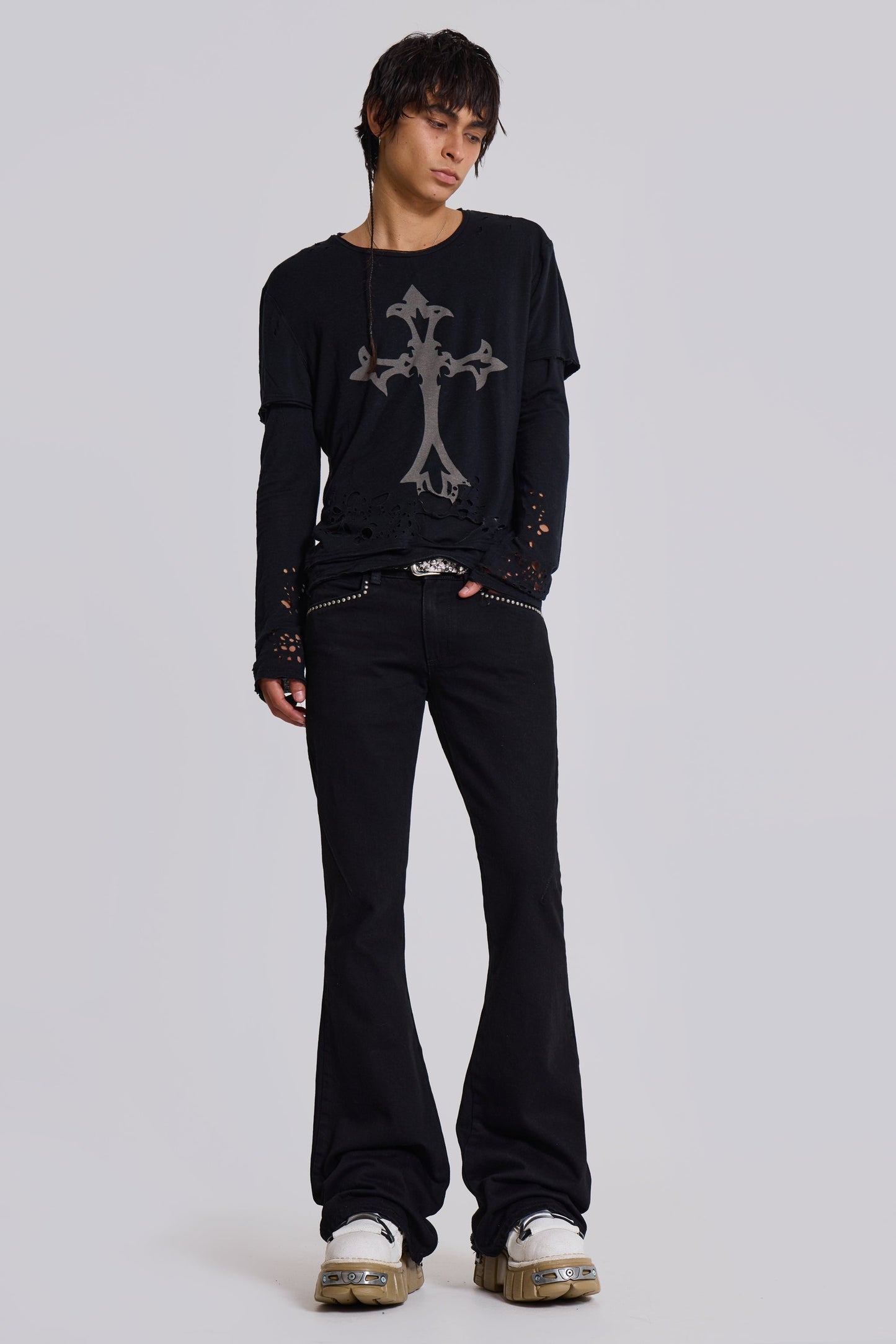 Jet Black Studded Drift Bootcut Jeans