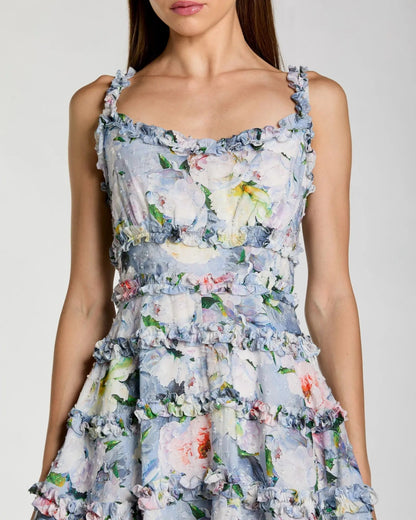 Blue Floral Square Neck Ruffled Cotton Mini Dress