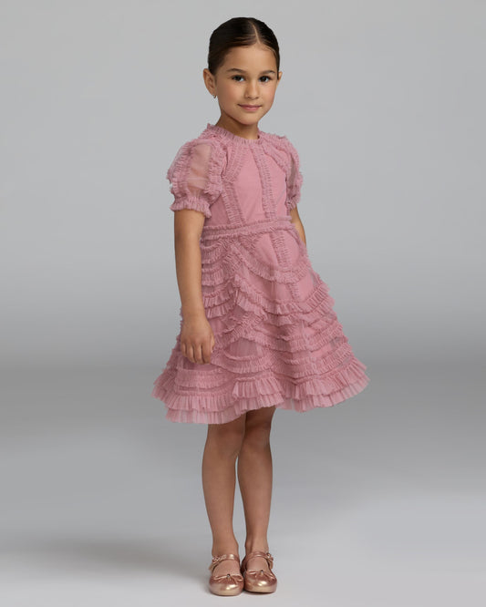 Girls Pink High Neck Puff Sleeve Ruffle Mini Dress