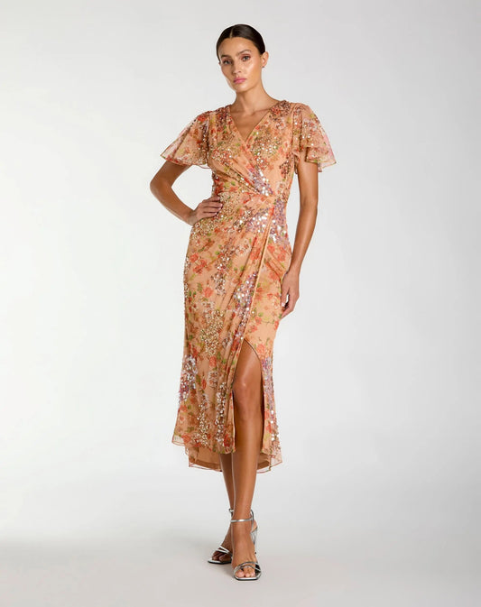 Orange Embellished Floral Flutter Sleeve Midi Dress