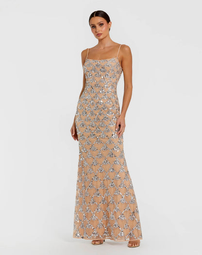 Nude Sleeveless Rhinestone Embellished Gown