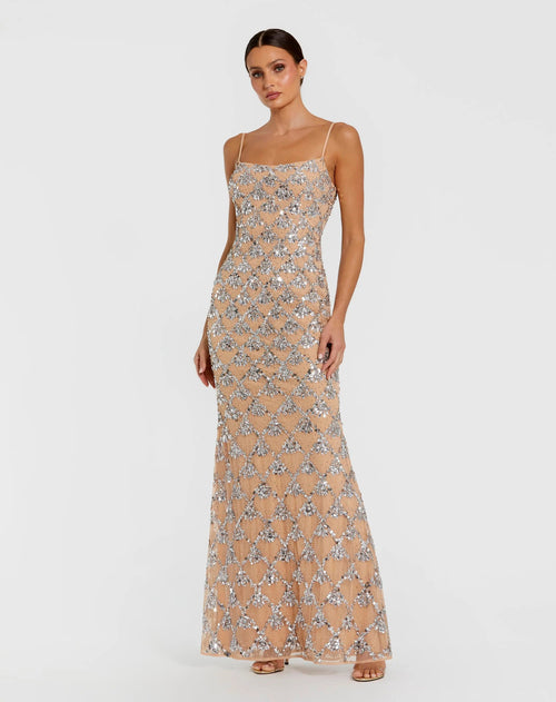 Nude Sleeveless Rhinestone Embellished Gown
