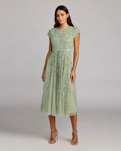 Green Floral Embellished Cap Sleeve Midi Dress