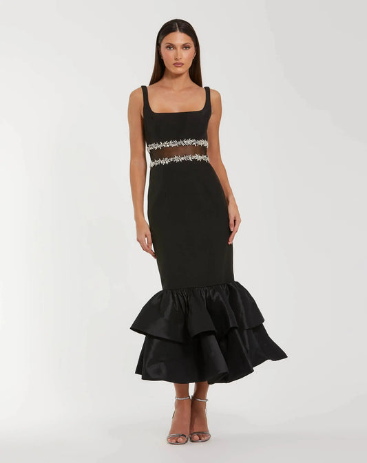 Petite Black Crepe Ruffle Hem Midi Dress With Jewel Detail