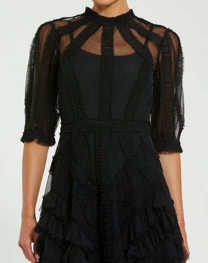 Petite Black High Neck Ruffle Tiered A-Line Midi Dress