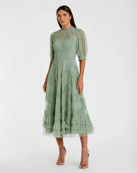 Petite Green High Neck Ruffle Tiered A-Line Midi Dress