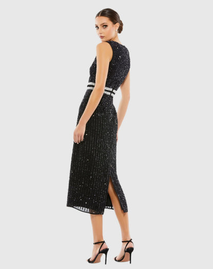 Black Sleeveless High Neck Beaded Midi Sheath Dress
