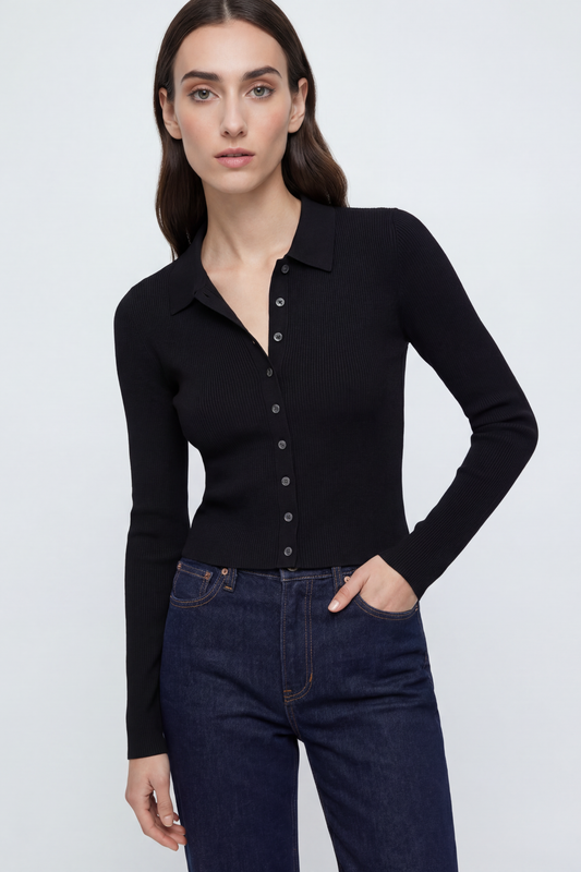 Amee Luxe Rib Long Sleeve Polo