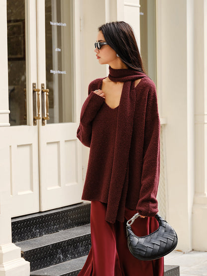 Wool-Blend Loose Sweater With Matching Scarf