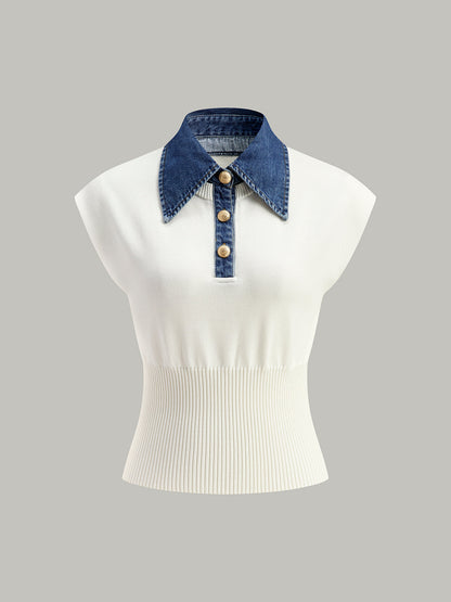 Denim Collar Ribbed Knit Top