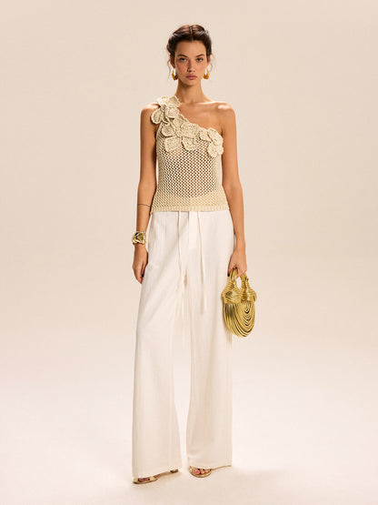 One-Shoulder Floral Crochet Knit Top