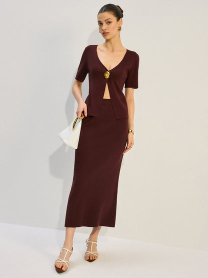Metal Decor V-Neck Knit Co-ords Set