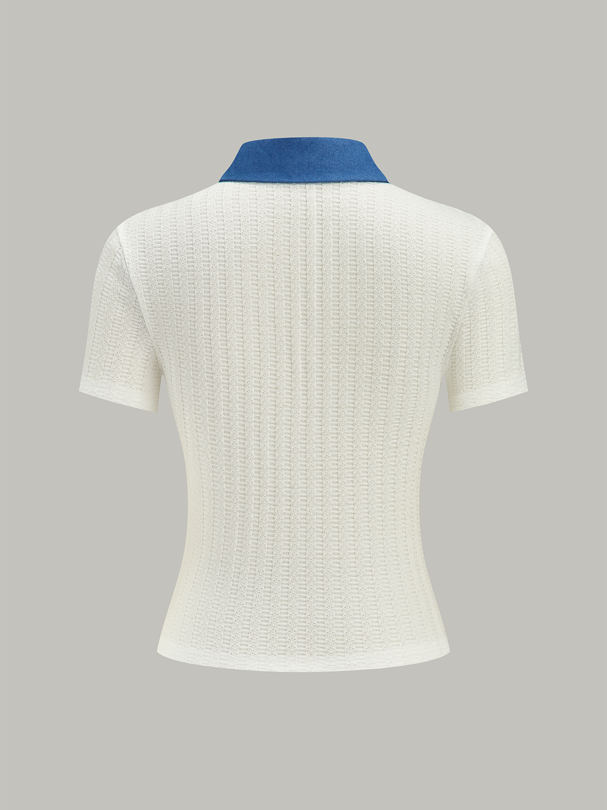 Denim-Collar Knit Polo Top with Metal Button
