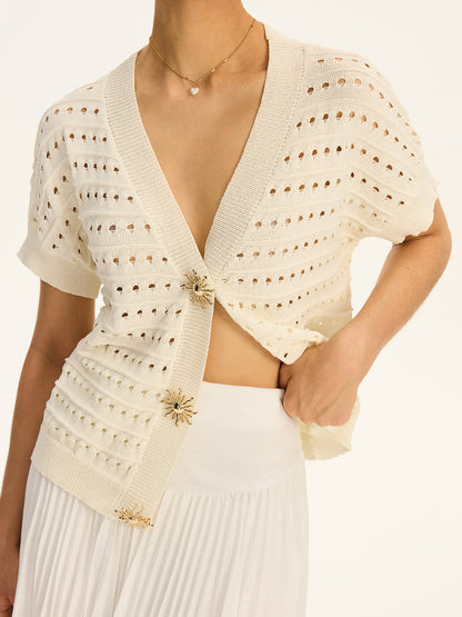 Eyelet Knit Metal Button V-Neck Cardigan