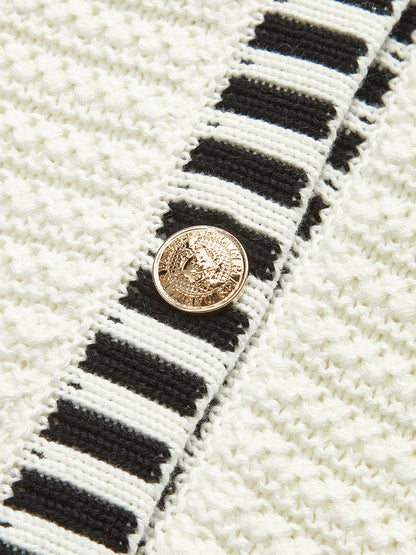 Button Striped Trim Knit Vest