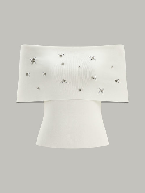 Off-Shoulder Knit Top with Crystal Embellishments