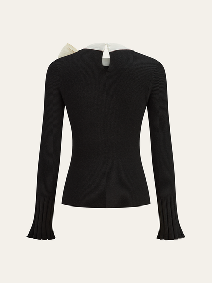 Bow Ribbed Flared Cuff Sweater