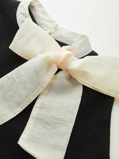 Bow Ribbed Flared Cuff Sweater