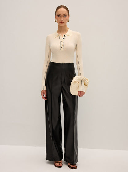 Wool Blend Ribbed Polo Knit Top