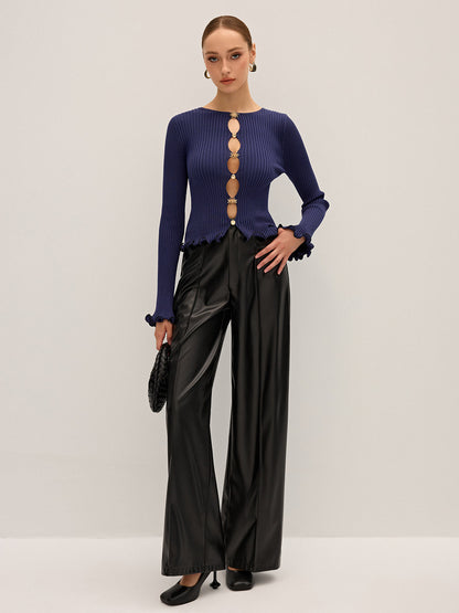 Metal Detail Cut-Out Ribbed Knit Top