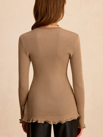 Wool Blend Asymmetric Ruffled Hem Sweater