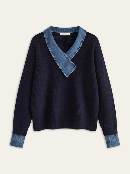 Denim Panel Asymmetric V-Neck Knit Top
